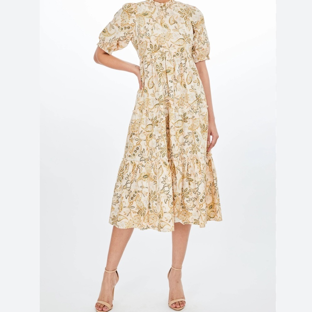NEW Generation Love Dress XS Maria Paisley Midi Cream Brown Floral Lt Blue Boho